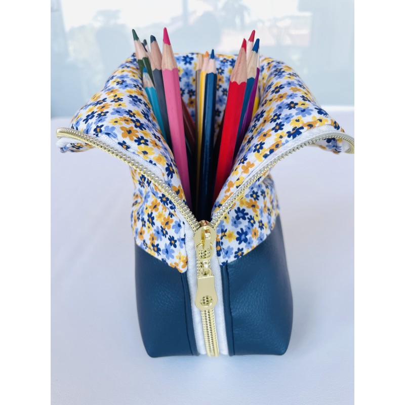 Trousse pot à crayons Fleurs bleues